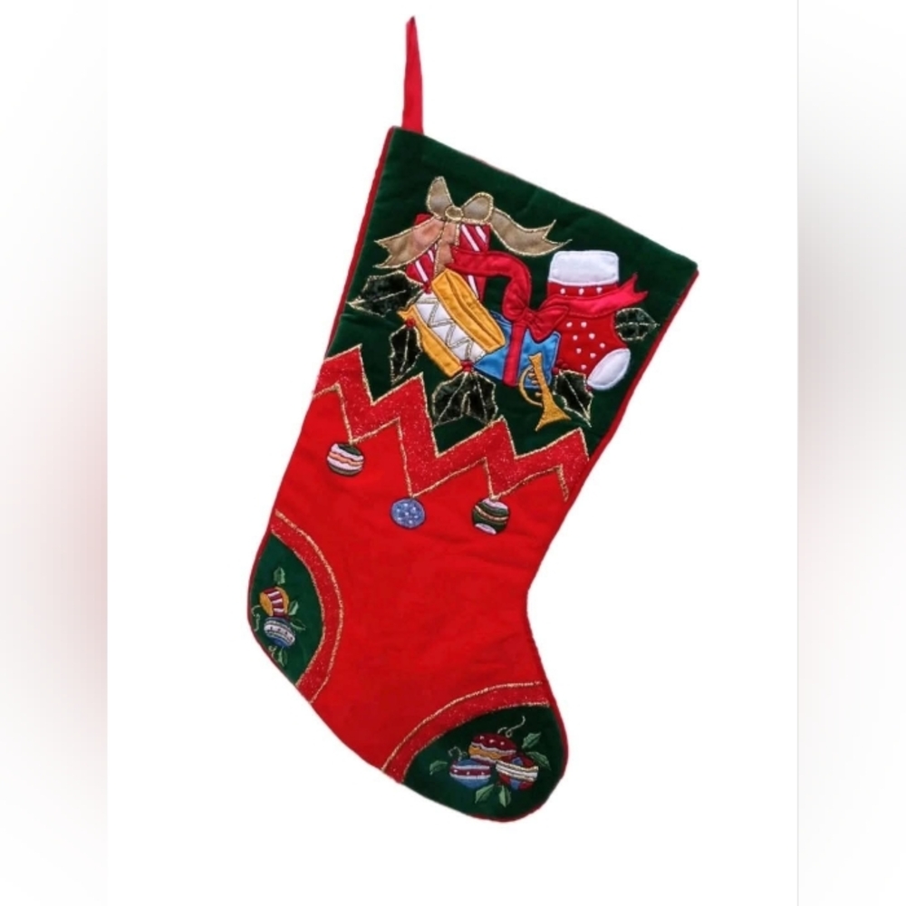 Vintage Embroidered Christmas Stocking Velvet Red & Green Fabric.